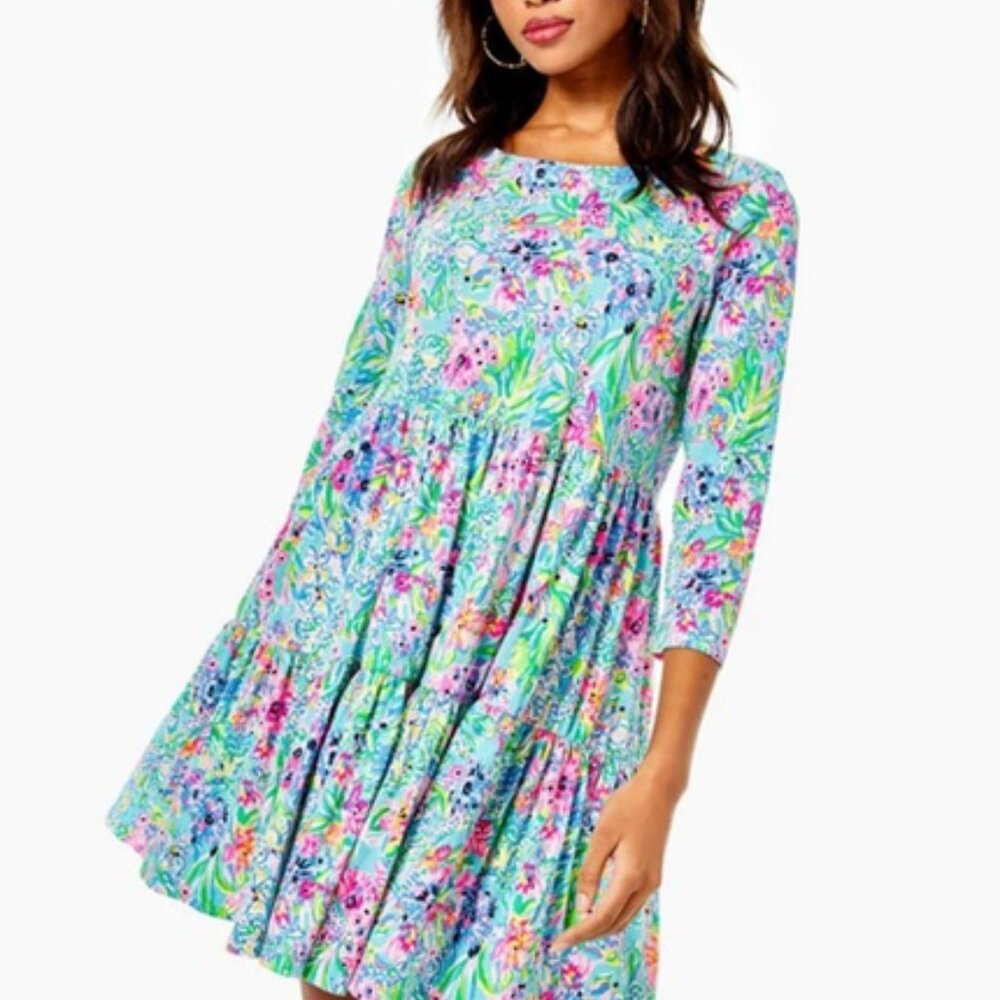 Lilly Pulitzer size S Geanna Floral Cotton Dress Amalfi Blue Alligator Isle